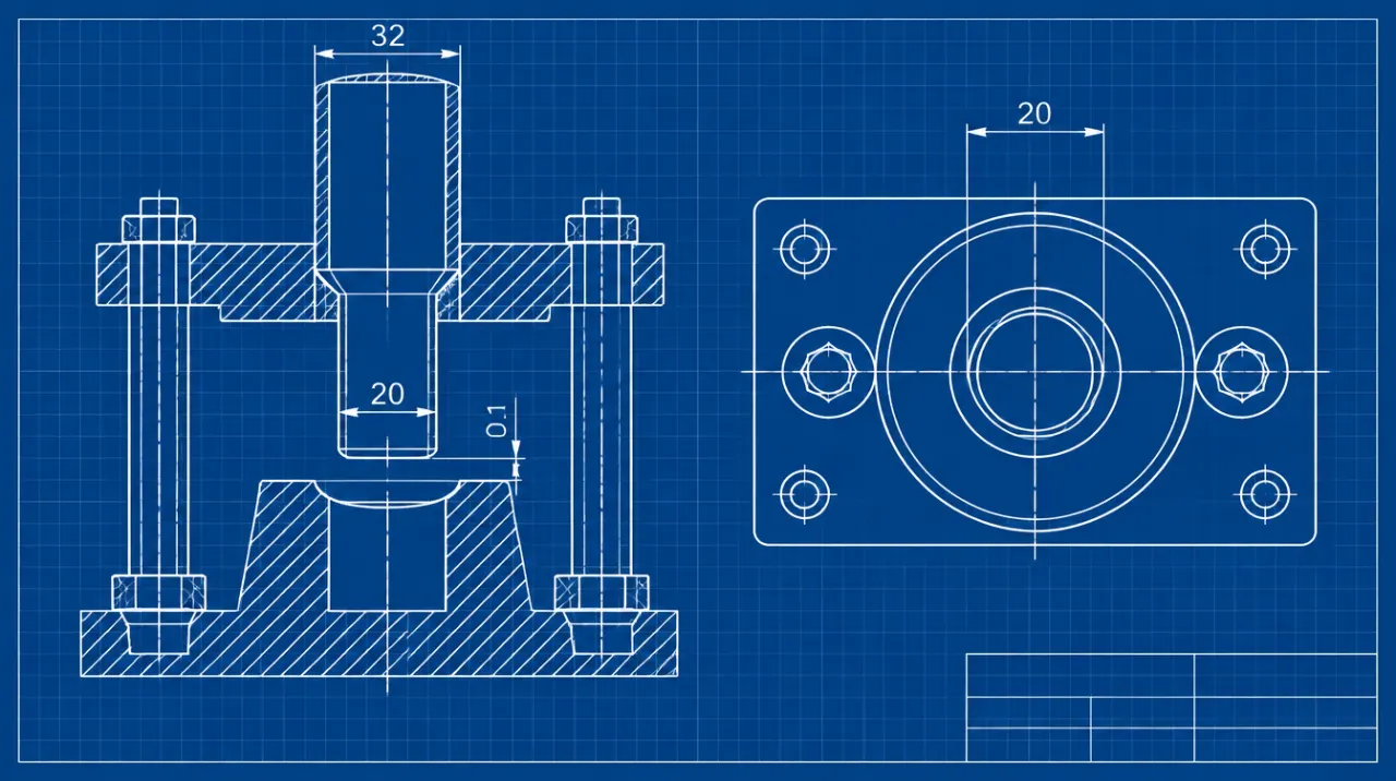Technische Zeichnung eines Stanzwerkzeugs mit Stempel, Matrize und Schneidspalt